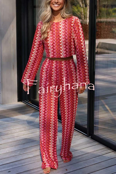 Tamia Knit Colorful Wave Unique Print Crop Top and Stretch Wide Leg Pants Set