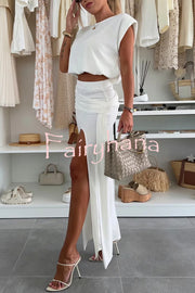 Comfortable Stylish Round Neck Sleeveless Casual Top and Elastic Waist Ruched Tie Slit Midi Skirt Set