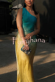 Satin Ombre One Shoulder Backless Fitted Maxi Dress