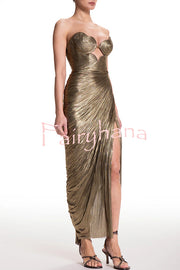 Amisha Metallic Pleated Shell Cups Hollow Gold Pendant Strapless Drape Slit Maxi Dress