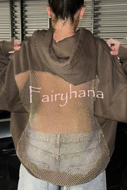 Fashionable Shiny Mesh Hollow Back Loose Long-sleeved Hooded Sweatshirt
