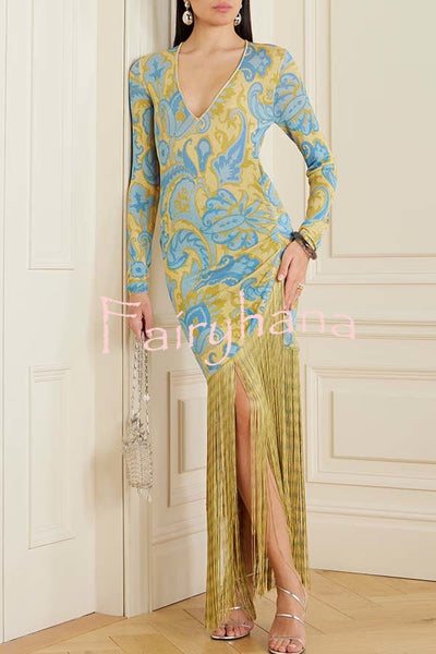 Golden Age Knit Paisley Print Long Sleeve Tassle Hem Maxi Dress