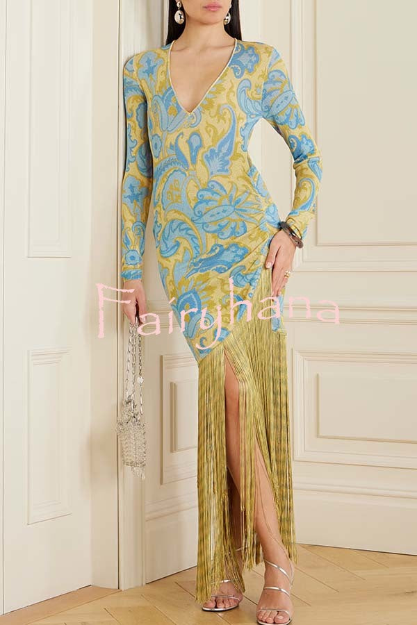 Golden Age Knit Paisley Print Long Sleeve Tassle Hem Maxi Dress