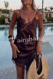 Elouise Satin Lace Trim V-neck Asymmetrical Hem Slip Mini Dress