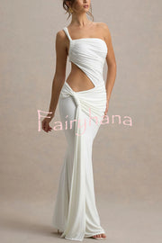 Sexy One-shoulder Backless Ribbon Pleated Slim Maxi Dress
