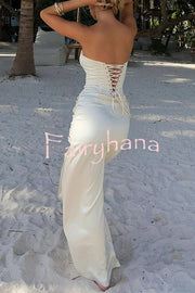 Satin Off-shoulder Elegant Back Tie High Slit Slim Maxi Dress