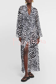 Marsie Zebra-print Elastic Drawstring Waist Long Bell Sleeve Cover-up Kimono