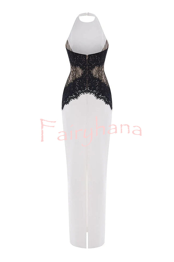 Sexy Halterneck Lace Paneled Backless Slim Maxi Dress