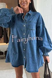 Fashion Heart Button Long Sleeve Casual Pocket Denim Mini Dress