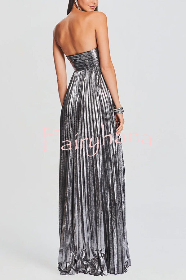 Metallic Sexy Tube Top Pleated High Slit Maxi Dress