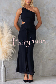 Solid Color Elegant Mesh One Shoulder Sexy Waist Hollow Out Maxi Dress