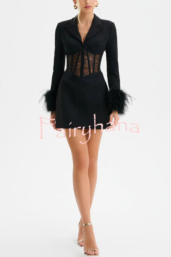 GIA Lace Corset Waist Feather Sleeve Structured Lapel Blazer Mini Dress