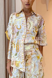 Sunshine Loving Linen Blend Mythological Pattern Button Down Oversized Blouse