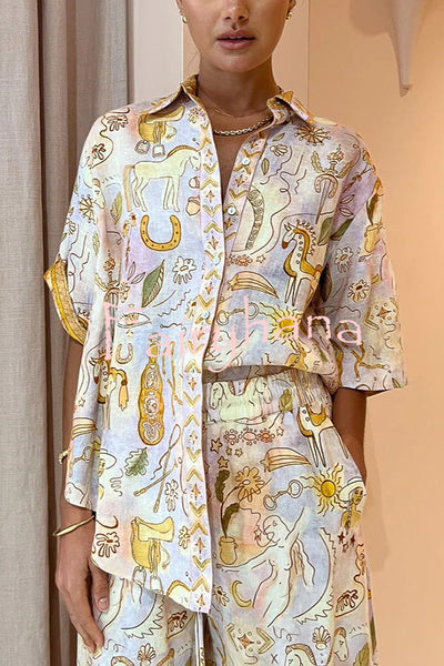 Sunshine Loving Linen Blend Mythological Pattern Button Down Oversized Blouse