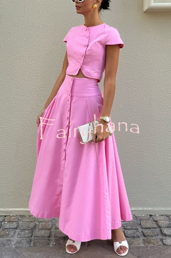 Solid Color Round Neck Button Crop Top and Elegant High Waist Slit Maxi Skirt Set