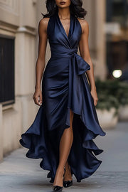 Solid Color Elegant V-neck Waist Irregular Ruffle Maxi Dress