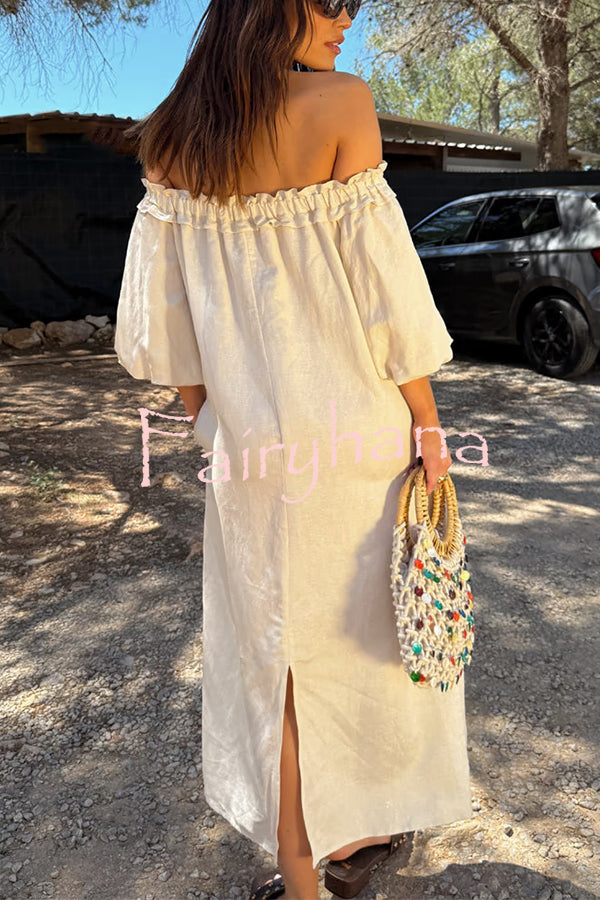 Sunveil Linen Blend Unique Print Puff Sleeve Pocket Strapless Maxi Dress