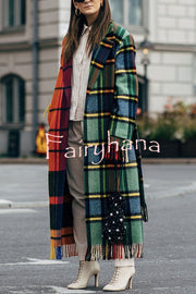 Fashionable Color-block Plaid Print Lapel Long-sleeved Casual Long Coat