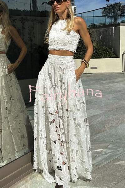 Next Trip Floral Embroidery Crochet Lace Crop Tank Top and Elastic Waist Pocket Maxi Skirt Set