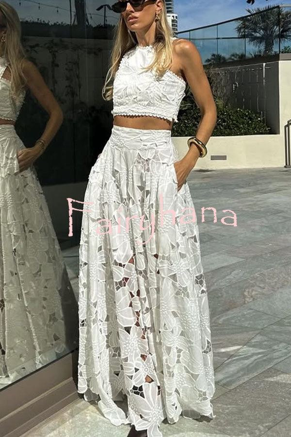 Next Trip Floral Embroidery Crochet Lace Crop Tank Top and Elastic Waist Pocket Maxi Skirt Set