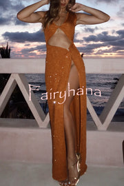 Beautiful Figure Shiny Knit Fabric Cutout Side Slit Stretch Vacation Maxi Dress