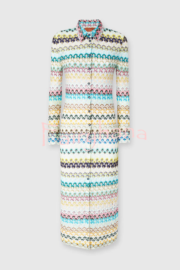 Anna Knit Colorful Herringbone Print Shirt Neck Button Long Sleeve Slim-fit Long Cardigan