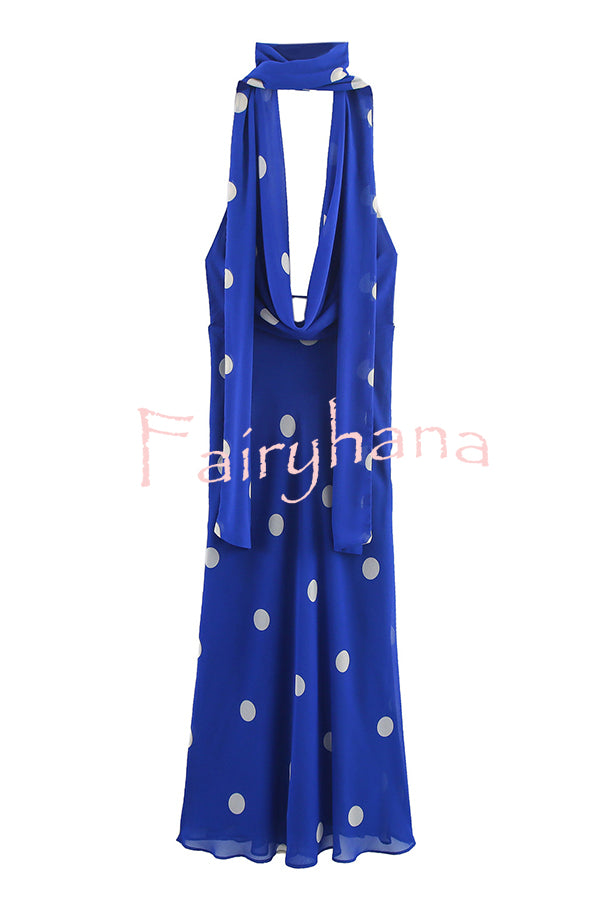 Fashion Polka Dot Print Sexy Halter Neck Backless Maxi Dress