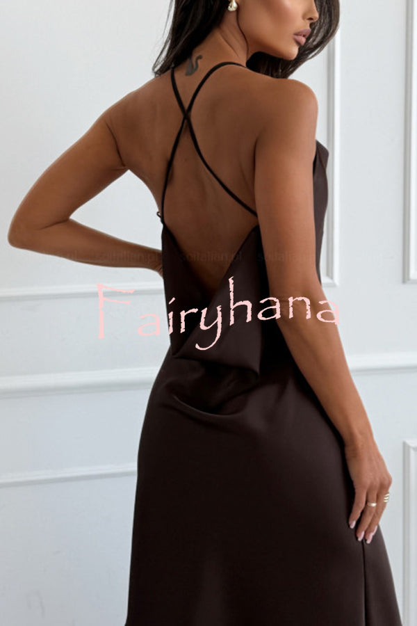 Jensin Satin Lace Trim Cowl Neck Back Cross Lace-up Slit Midi Dress