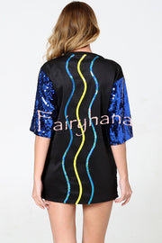 Love Eyes Letters Sequined Round Neck Short Sleeve Mid-Length Loose T-Shirt