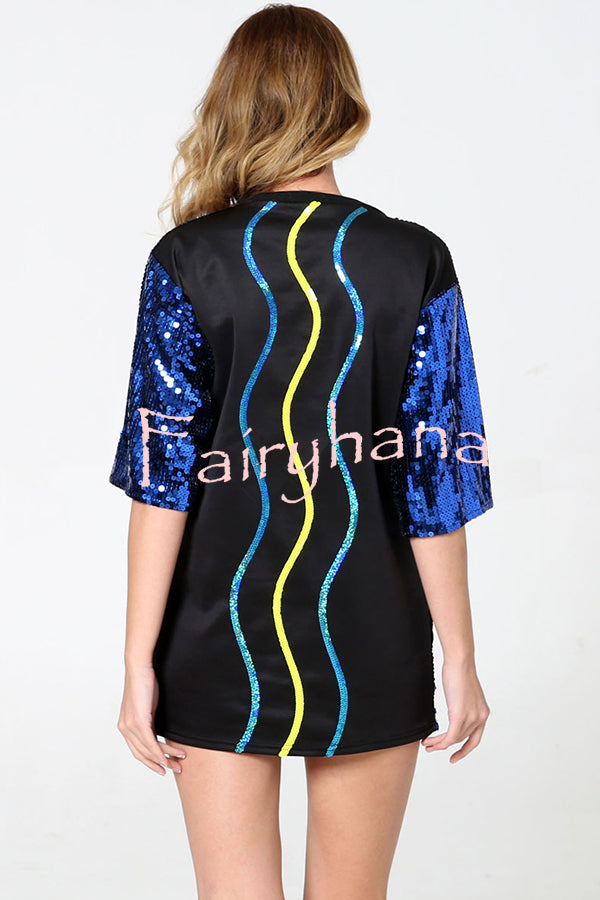 Love Eyes Letters Sequined Round Neck Short Sleeve Mid-Length Loose T-Shirt