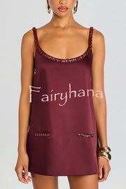 Taste Red Wine Satin Gemstone Trim Round Neck Slip H-line Mini Dress