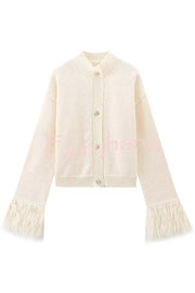 Solid Color Elegant Feather Long Sleeve Casual Knitted Cardigan
