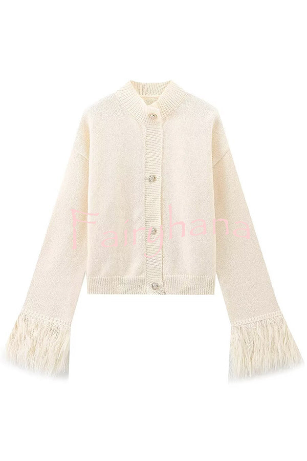 Solid Color Elegant Feather Long Sleeve Casual Knitted Cardigan