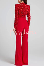 Eleanor Embroidered Floral Lace Long Sleeve Patchwork Belt Flare Jumpsuit