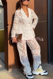 Fashionable Lace Long-sleeved Lapel Loose Top and Casual Hollow Pants Set