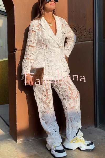 Fashionable Lace Long-sleeved Lapel Loose Top and Casual Hollow Pants Set