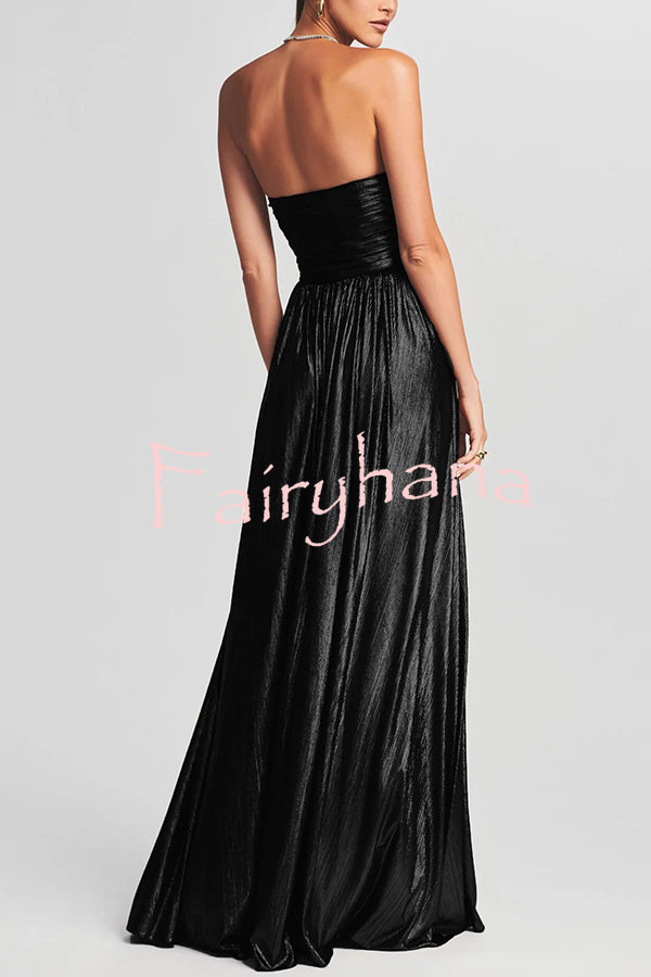 Goddess Temperament Metallic Pleated Fabric Off Shoulder Slit Maxi Dress