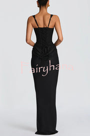 Larrah Square Neck Back Lace-up Satin Drape Hem Maxi Dress