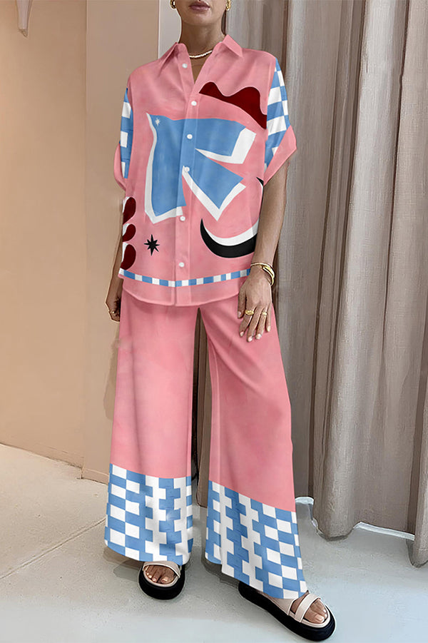 Abstract Bird Print Oversized Blouse and Elastic Waist Pocketed Pants Set