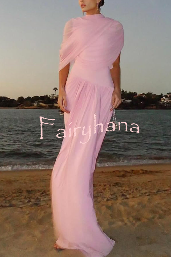 Elegant Mesh Cape-style Pleated Draped Maxi Dress