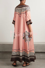 Satin Unique Print Casual V-neck Loose Holiday Maxi Dress