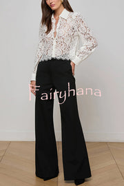 Paris Trends Floral Lace Puff Shoulder  Button Long Sleeve Blouse