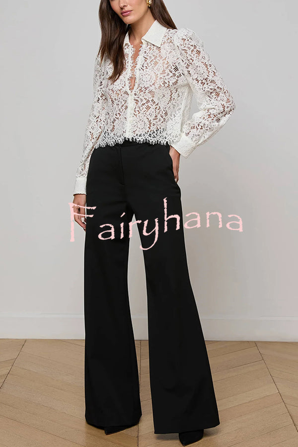 Paris Trends Floral Lace Puff Shoulder  Button Long Sleeve Blouse