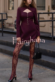 Elegant Long-sleeved Hollowed-out Button-down Slim-fit Mini Dress