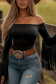 Solid Color Off-the-shoulder Tassel Long-sleeved Slim-fit Top