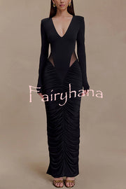 Sexy See-through Long-sleeved V-neck Pleated Slim-fit Maxi Dress