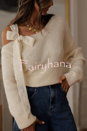 Solid Color Bow Tie Long-sleeved Casual Knit Sweater