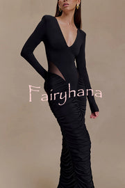 Sexy See-through Long-sleeved V-neck Pleated Slim-fit Maxi Dress