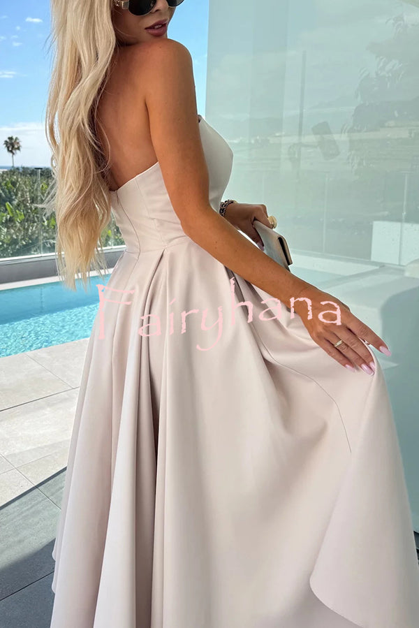 Sweet Cascade Solid Color Off Shoulder Pocket Full Hem Midi Dress