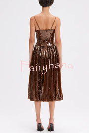 Enchanted Night Sequin Low-cut Corset Balloon Hem Slip Midi Dress